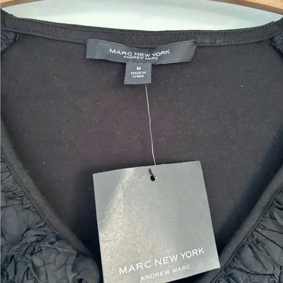 Marc New York, Andrew Marc, V Neck Black Blouse with Ruffled Neck and Sleeves - Picture 5 of 6